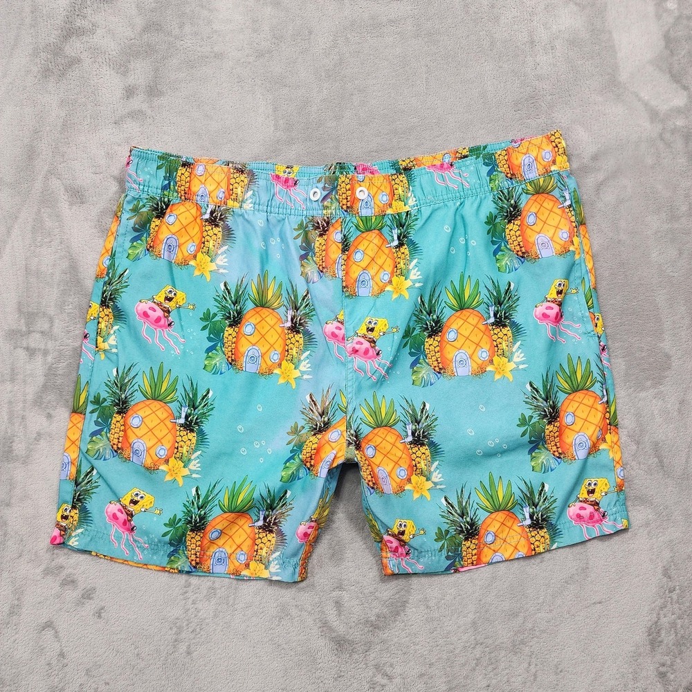 Nickelodeon Swim Trunks Mens 38 Blue SpongeBob Pineapple Tropical Lined Beach